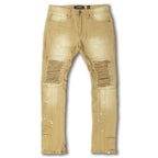 F1748A Shredded Biker Denim Jeans w/ Bottom Leg Zipper | 32-inch Inseam - Khaki