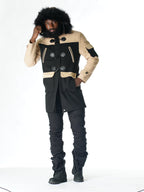 F1330 Maurice Wool Long Jacket w/ Fur- Black/Khaki