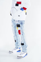 F1715 Frost Patchwork Denim Shredded Jeans  - Light Wash