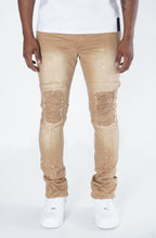 F1748A Shredded Biker Denim Jeans w/ Bottom Leg Zipper | 32-inch Inseam - Khaki