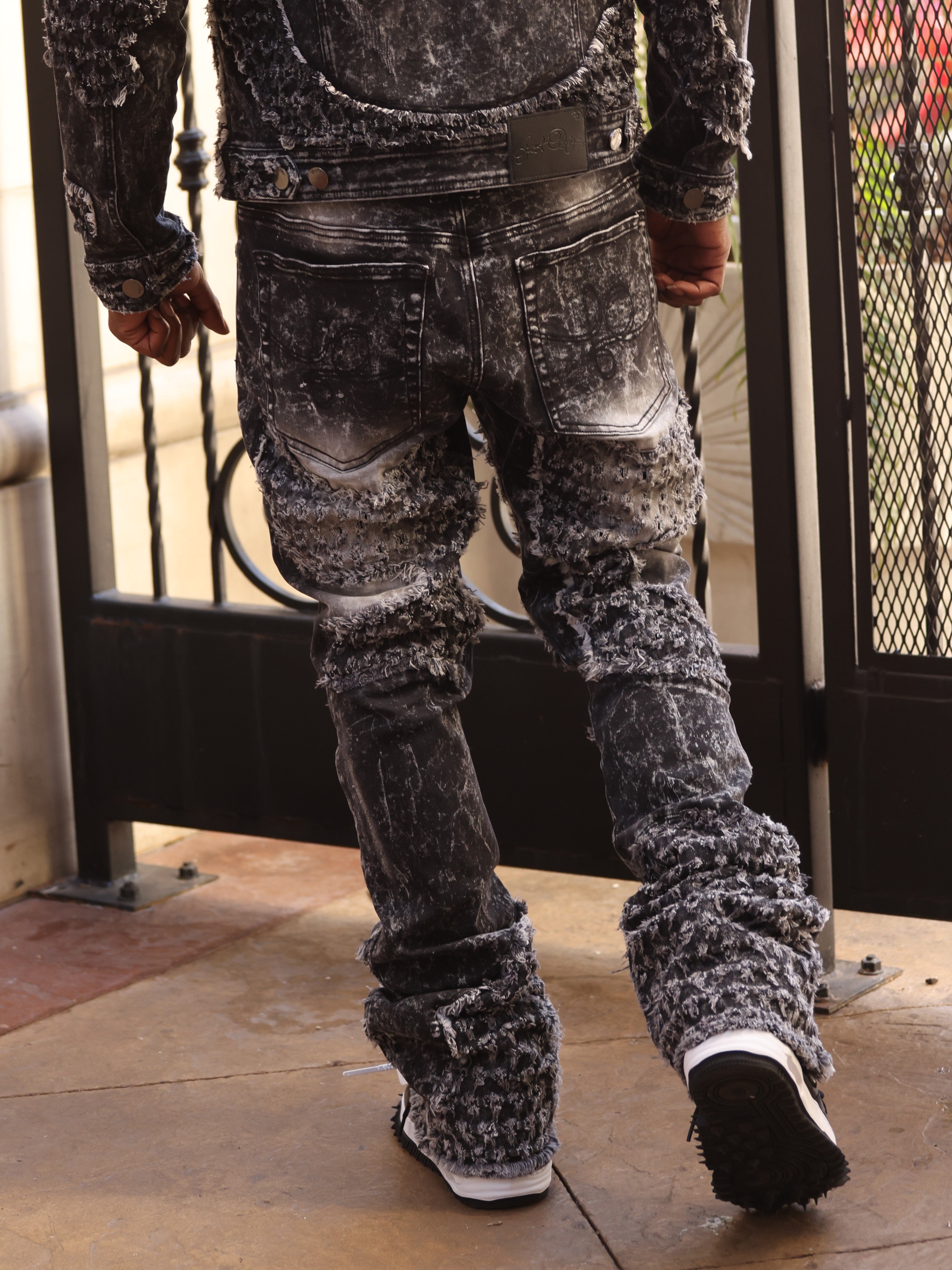F1723 Tattered Denim Stacked  Jeans - Black