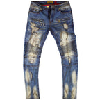 M1798 Makobi Biker Jeans with Blasting & Repair Stitching - Vintage Wash