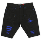 M970 Galveston Biker Shredded Shorts - Black-Royal