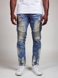 M1798 Makobi Biker Jeans with Blasting & Repair Stitching - Vintage Wash